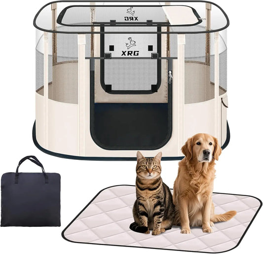 Portable Dog Playpen With Waterproof Pad And Mesh Kennel