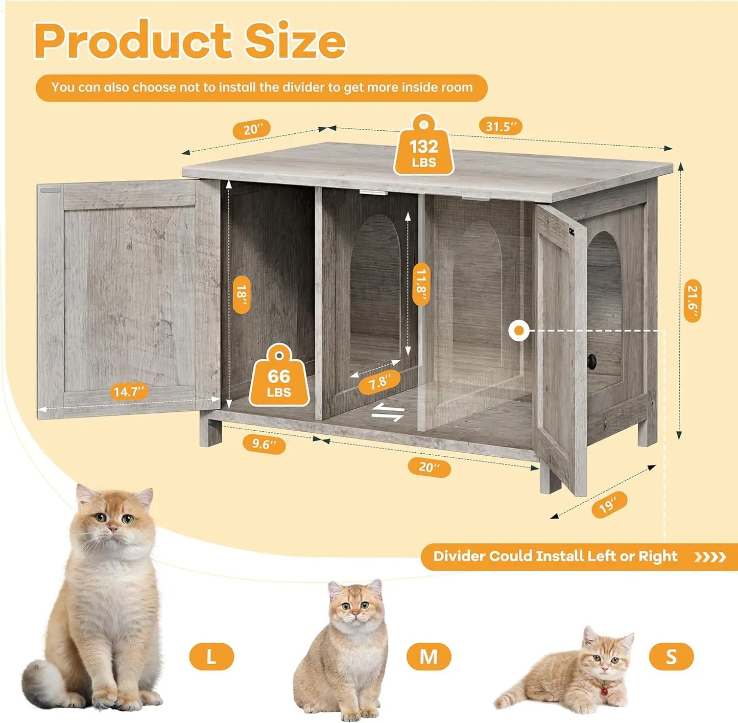 Hidden Cat Litter Box Enclosure With PremiumRemovableDivider Plus Magnetic Doors