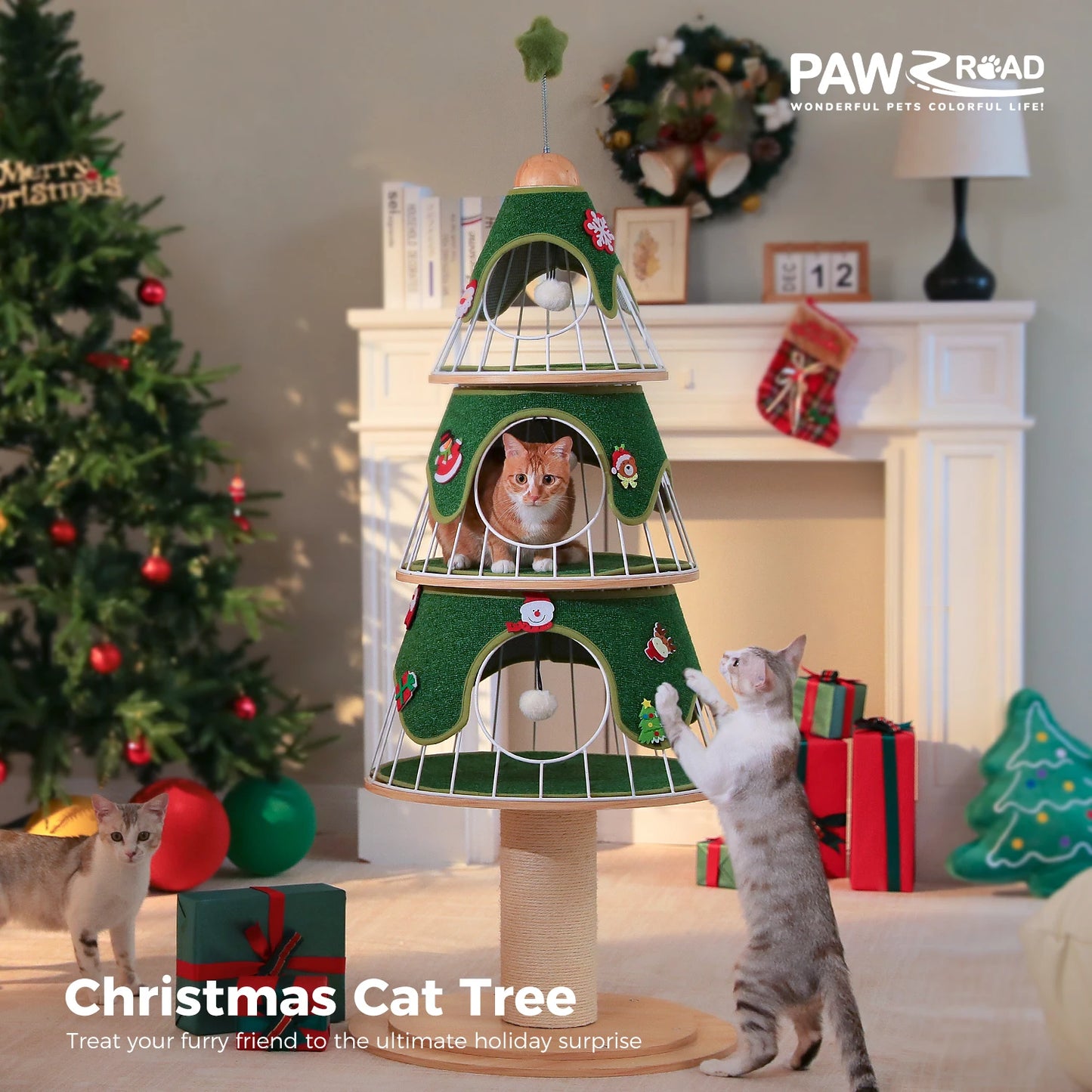 PAWZ Road Christmas Cat Tree Tower With 3 Cozy Condos