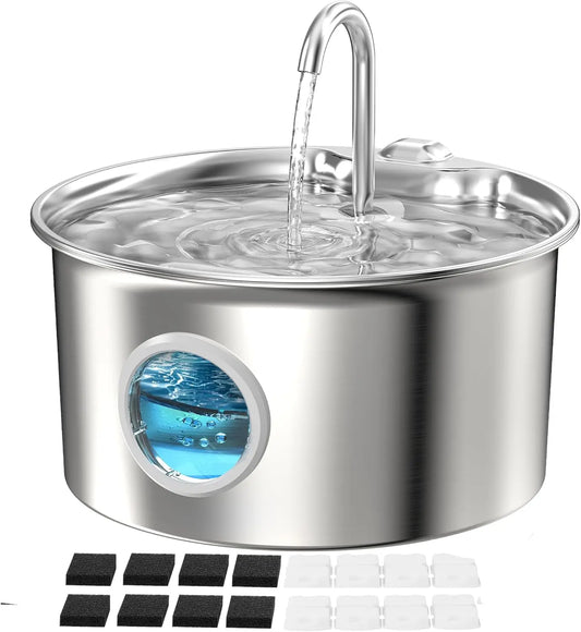 Stainless Steel Cat Water Fountain With Hyperfiltration Antimicrobial System Sponges
