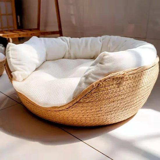 Pet Bed Bamboo Weaving Cozy Nest With Removable Cushion