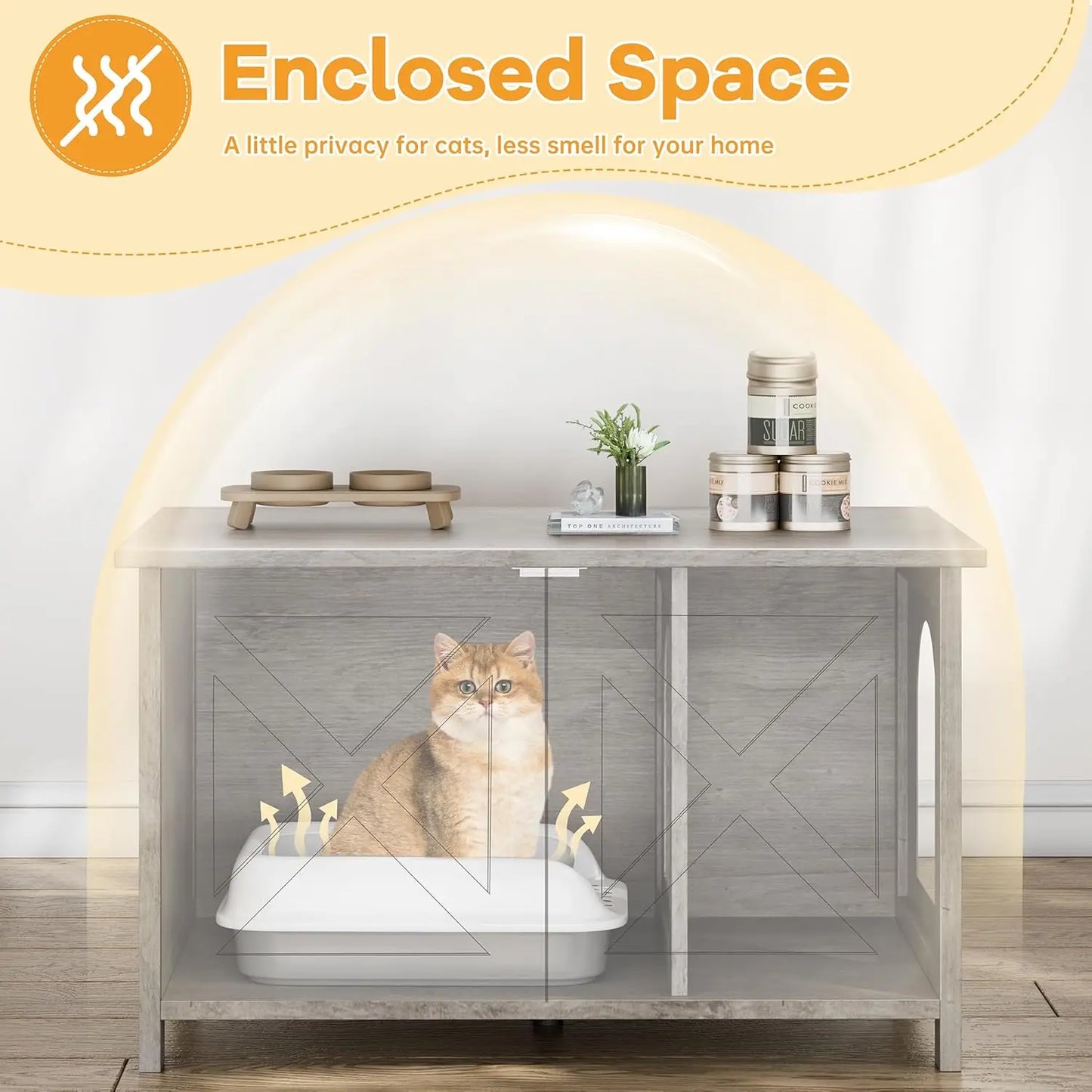 Hidden Cat Litter Box Enclosure With PremiumRemovableDivider Plus Magnetic Doors