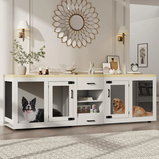 HiMISS Double Dog Crate TV Stand With Feeding Station