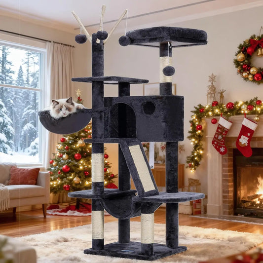53 Inch Cat Tower With Padded Bed, Cozy Condo, Hammocks And Scratching Posts For Indoor Cats