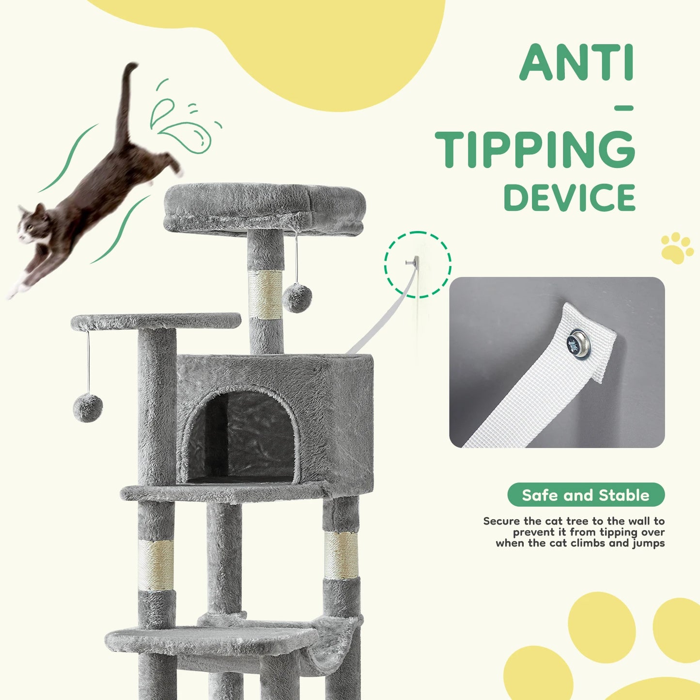 JHK Multi Cat Tree Tower With Natural Sisal Posts Condo Hammock Perches For Indoor Cats