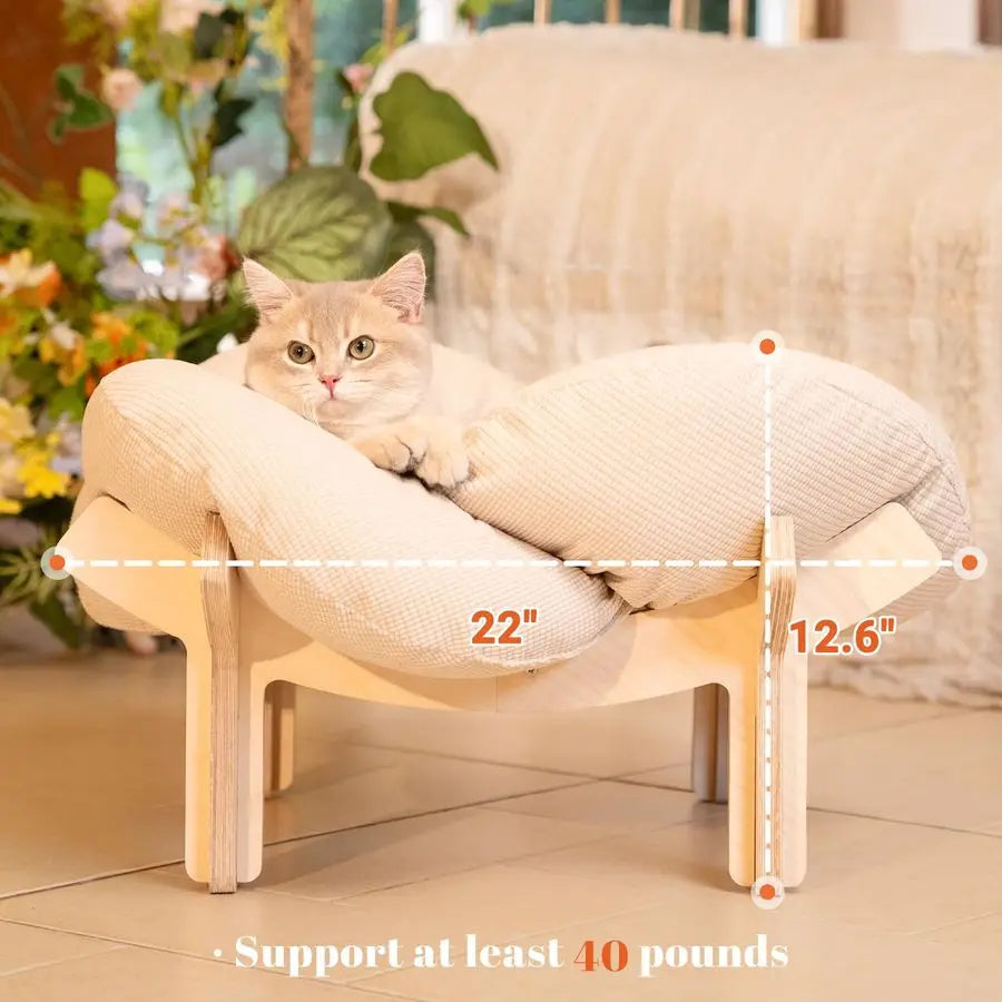 Wooden Elevated Cat Bed With Cushion Raised Kitty Lounge Chair For Indoor Cats And Small Puppies