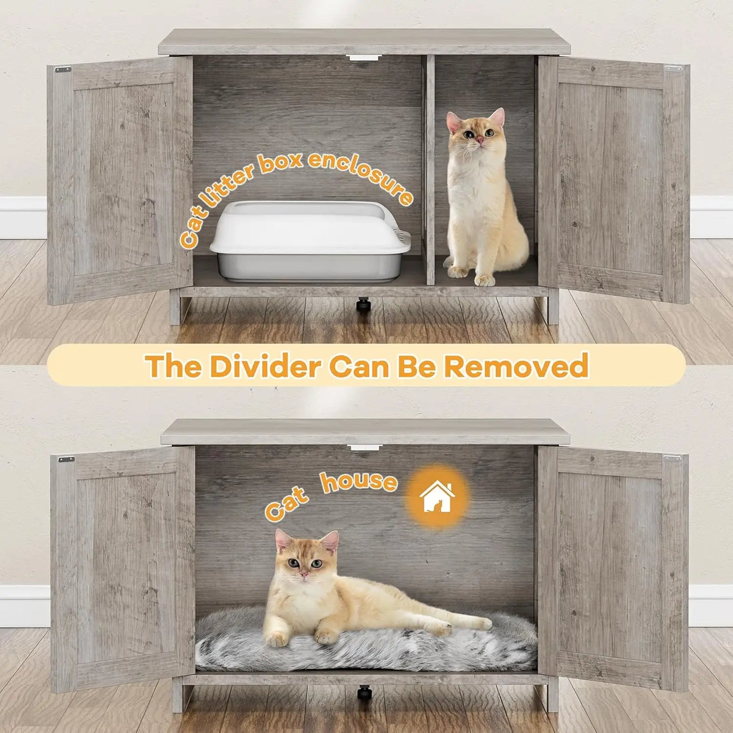 Hidden Cat Litter Box Enclosure With PremiumRemovableDivider Plus Magnetic Doors