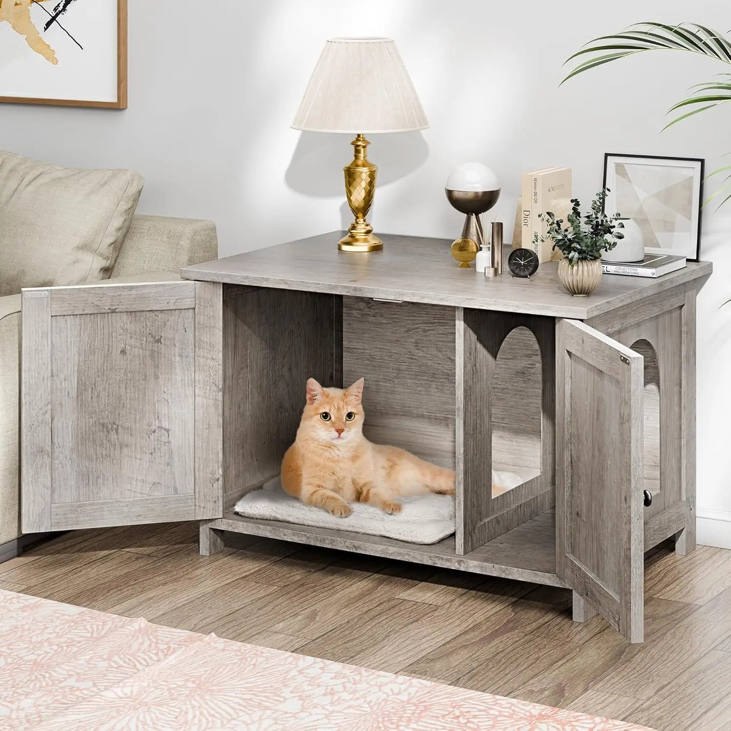 Hidden Cat Litter Box Enclosure With PremiumRemovableDivider Plus Magnetic Doors