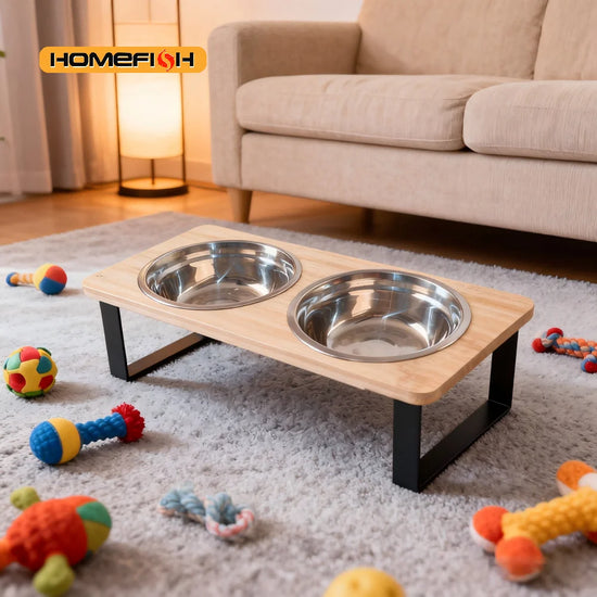 Elevated Cat Feeder With Tilted Bowl On Wooden Base