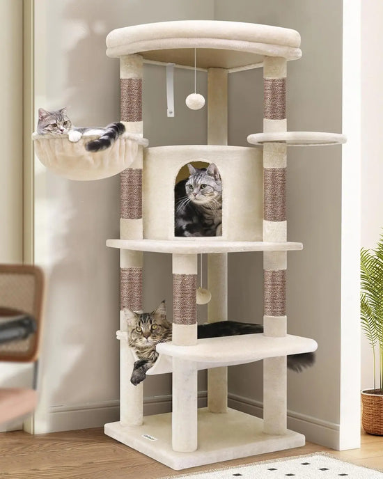 Corner Cat Tree With Hammock And Seven Sisal Scratching Posts For Indoor Cats And Lounge Platform