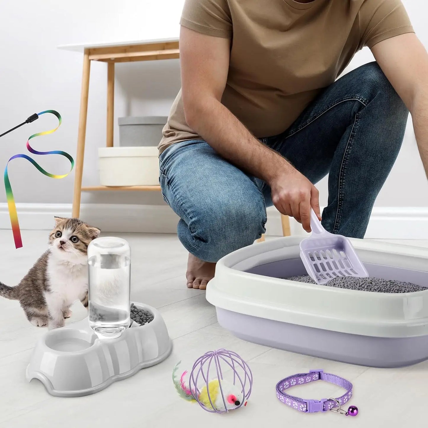 Essential 7 Piece Kitten Starter Kit With Litter Box Shovel Paw Mat Bowls Toys Collar