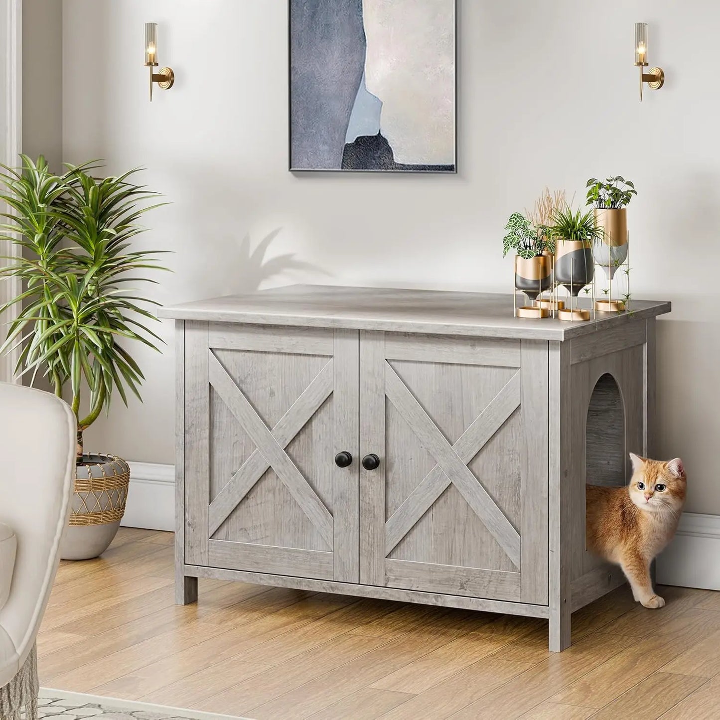 Hidden Cat Litter Box Enclosure With PremiumRemovableDivider Plus Magnetic Doors