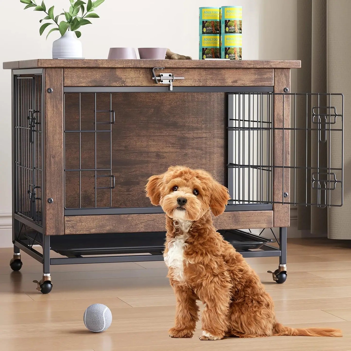 Rustic Heavy Duty Dog Crate Furniture With Wheels