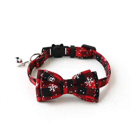 Christmas Plaid Snowflake Bowknot Pet Collar With Bell Adjustable Breakaway