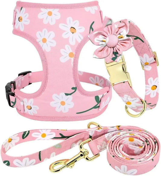 Adjustable Floral Dog Collar Harness Leash Set For All Dogs Comfort And Durable Quality