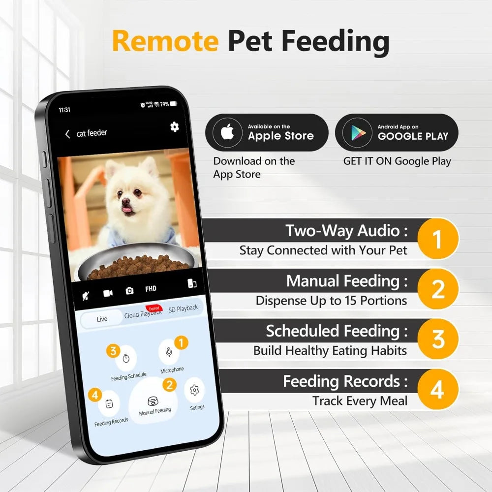 Smart Pet Feeder With Camera Two Way Audio App Control for Cats and Small Dogs