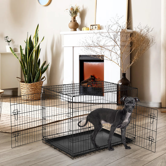 JHK Double Door Folding Wire Dog Cage With Plastic Leak Proof Pan Tray For Indoor And Outdoor Use