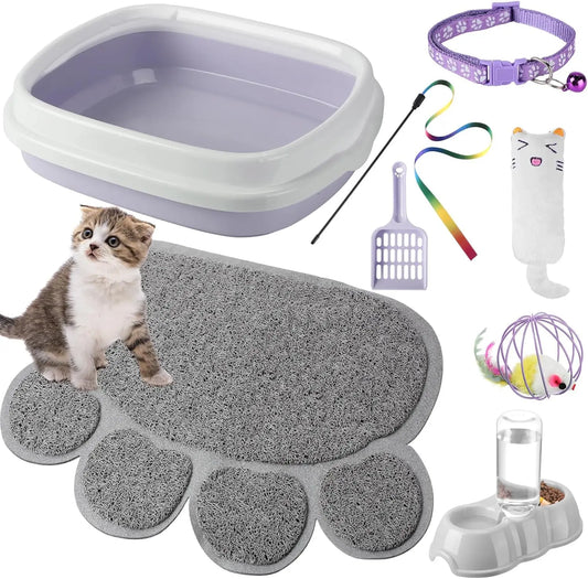 Essential 7 Piece Kitten Starter Kit With Litter Box Shovel Paw Mat Bowls Toys Collar