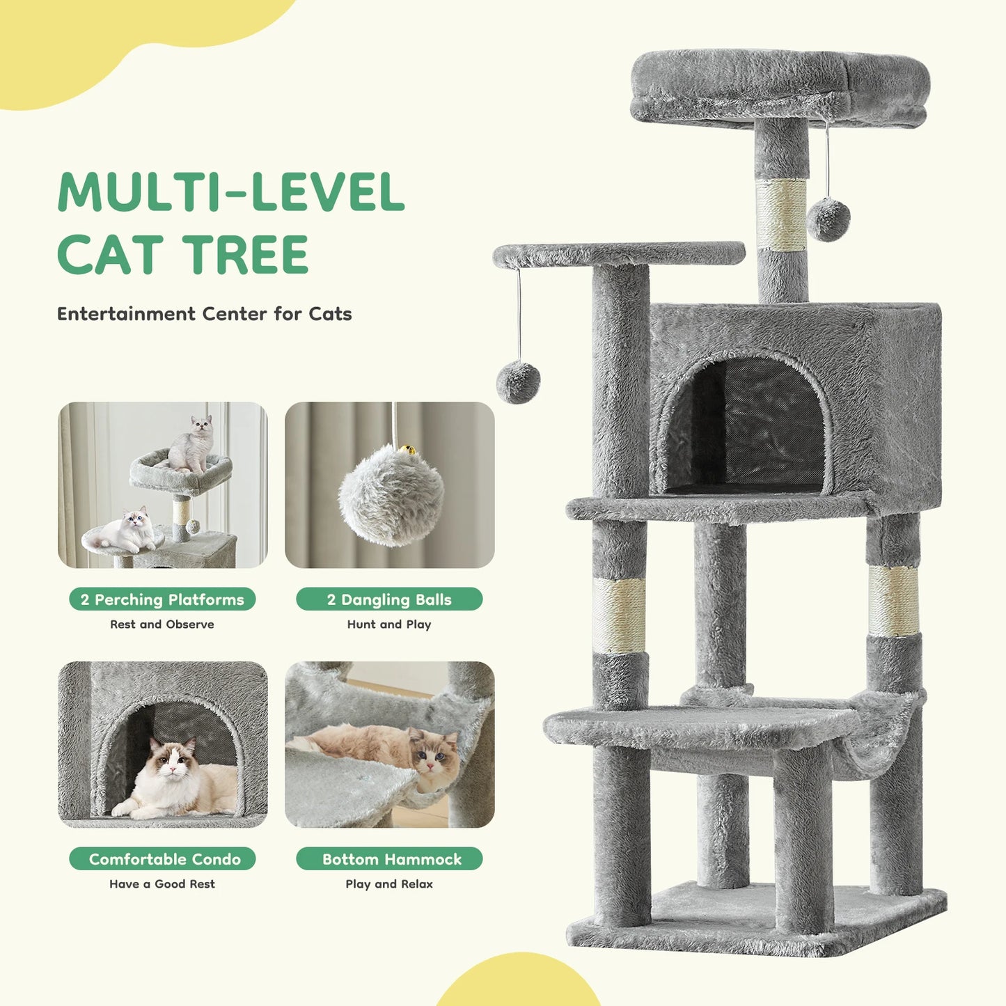 JHK Multi Cat Tree Tower With Natural Sisal Posts Condo Hammock Perches For Indoor Cats