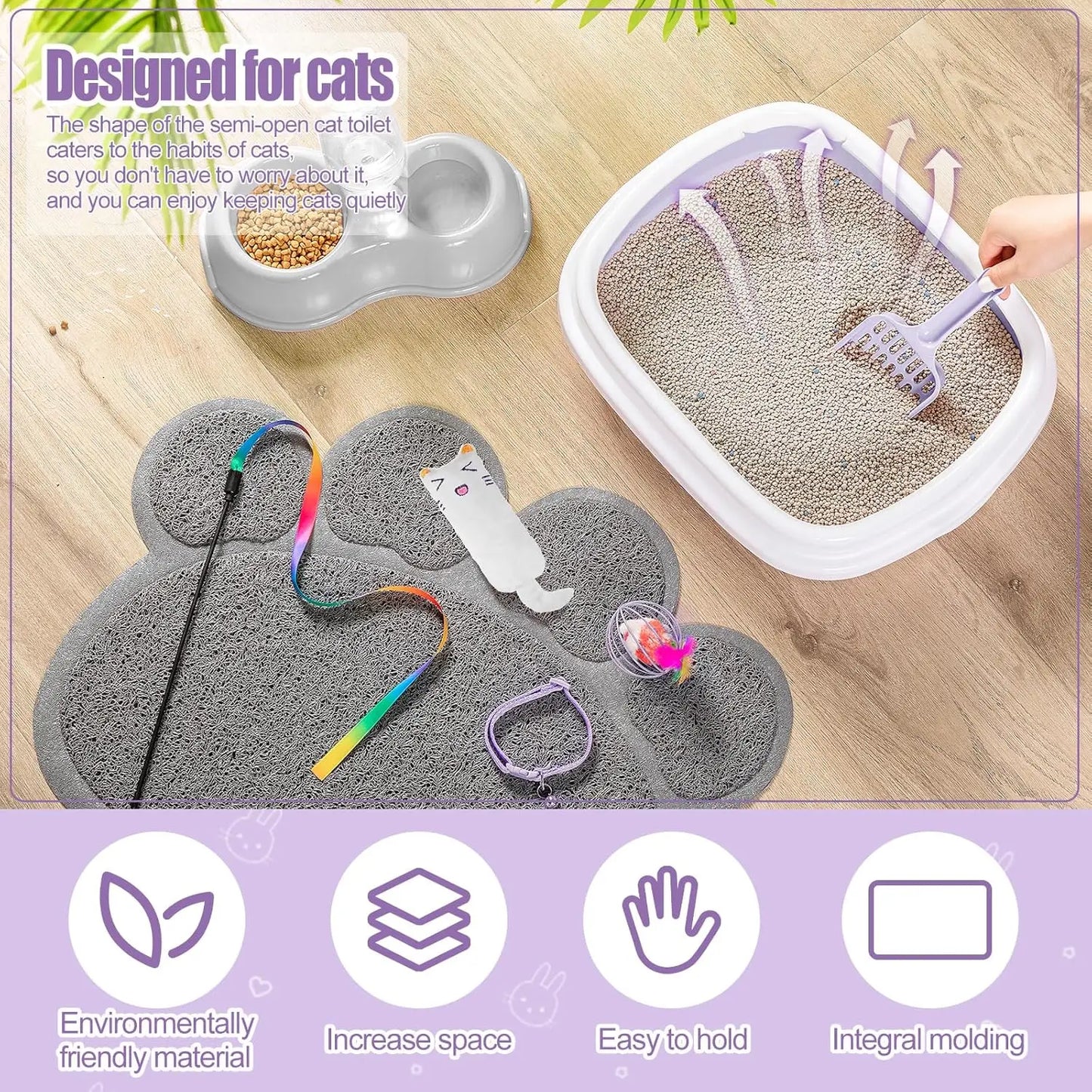 Essential 7 Piece Kitten Starter Kit With Litter Box Shovel Paw Mat Bowls Toys Collar