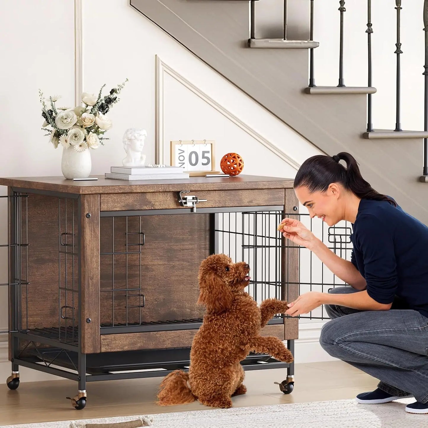 Rustic Heavy Duty Dog Crate Furniture With Wheels