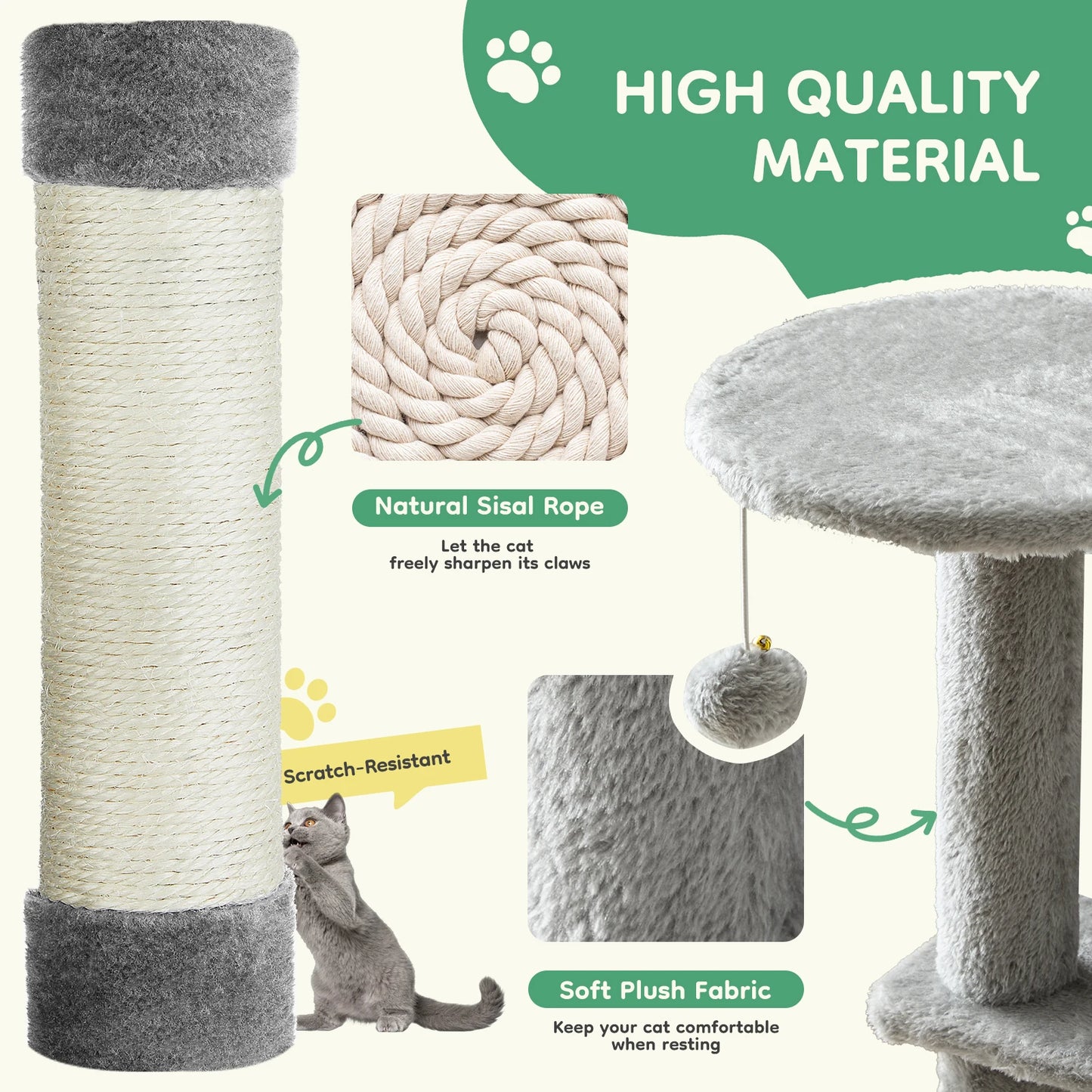 JHK Multi Cat Tree Tower With Natural Sisal Posts Condo Hammock Perches For Indoor Cats
