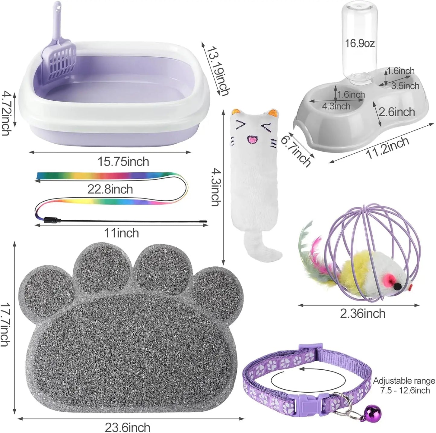 Essential 7 Piece Kitten Starter Kit With Litter Box Shovel Paw Mat Bowls Toys Collar