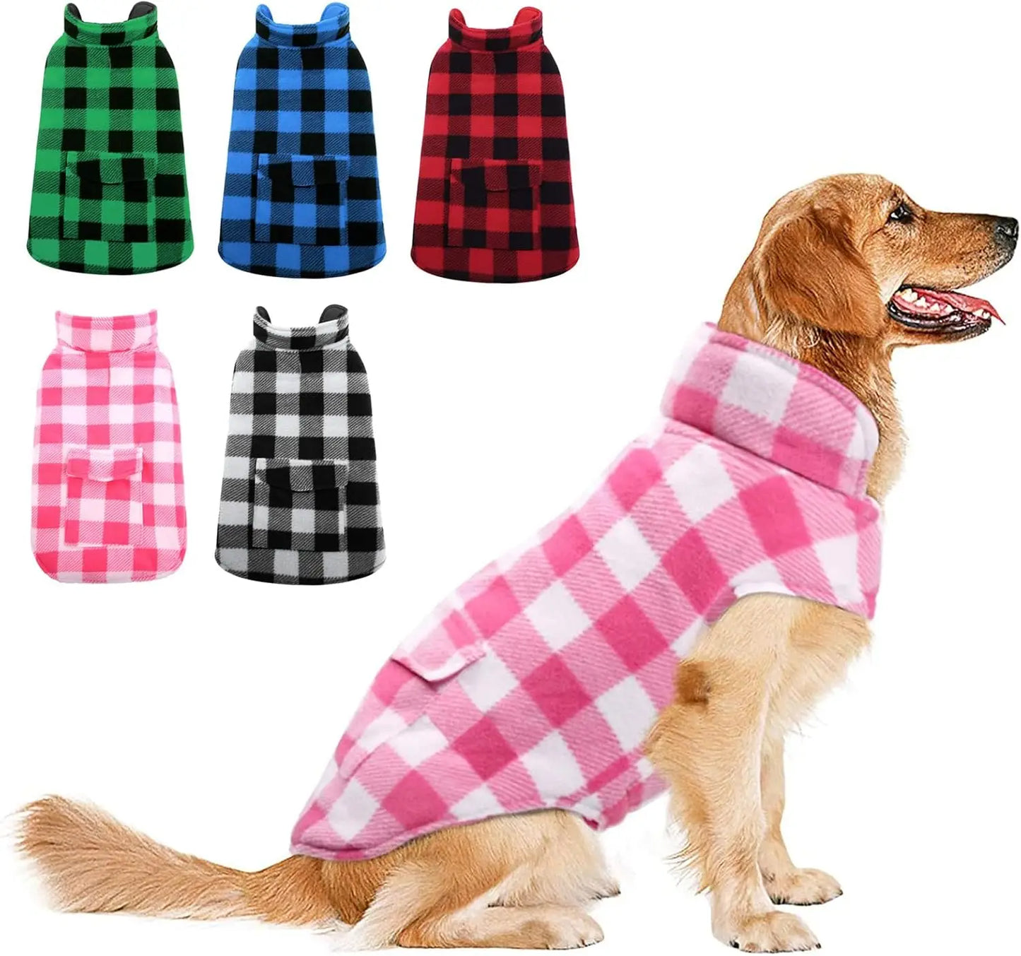 Reversible Fleece Dog Jacket Plaid Vest Waterproof Windproof All Dogs