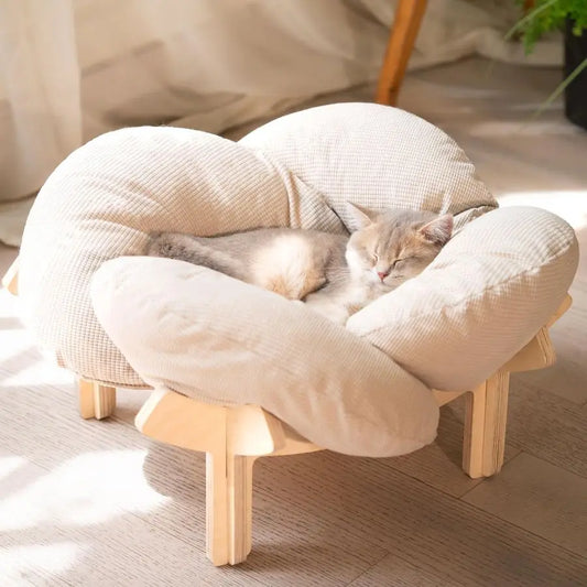 Wooden Elevated Cat Bed With Cushion Raised Kitty Lounge Chair For Indoor Cats And Small Puppies