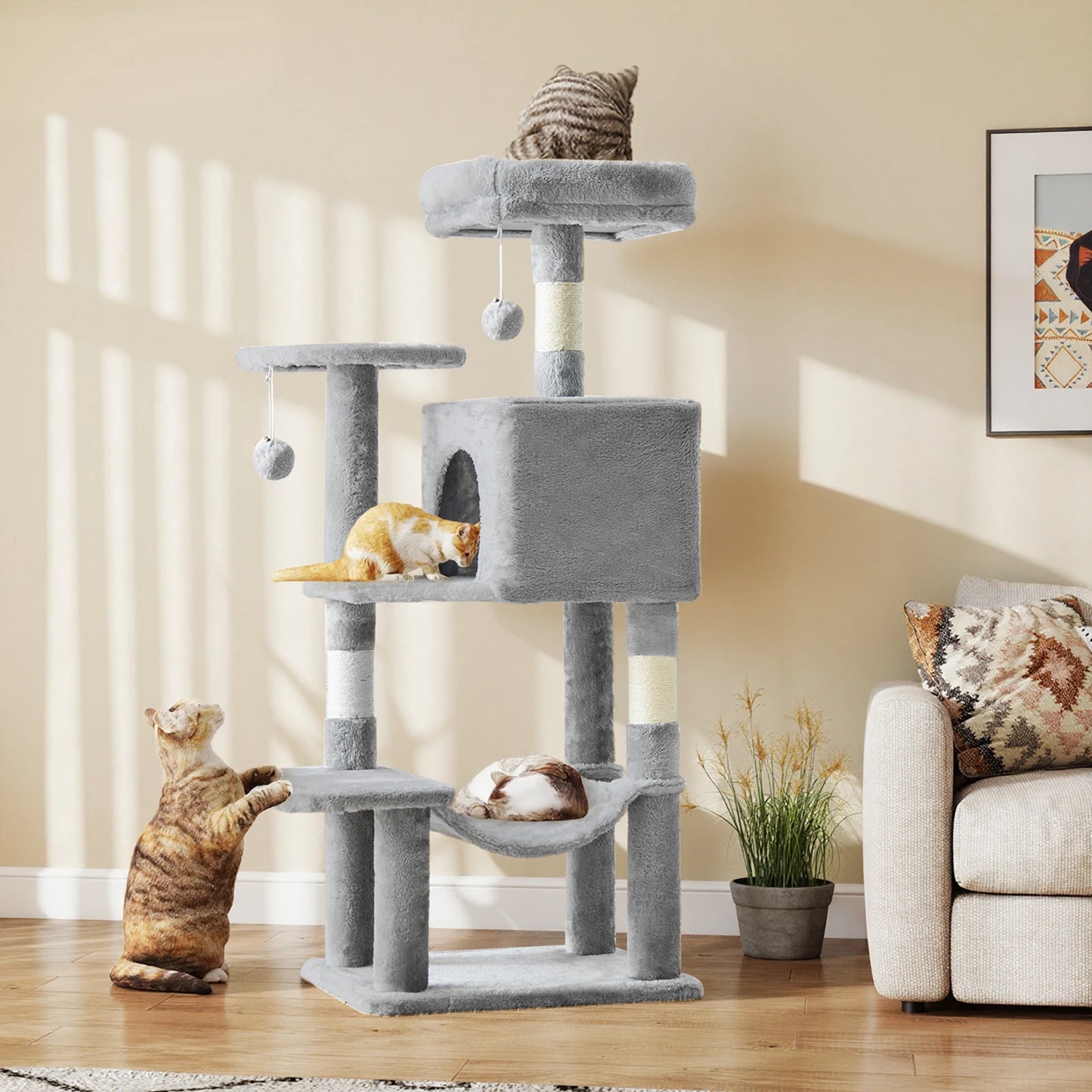 JHK Multi Cat Tree Tower With Natural Sisal Posts Condo Hammock Perches For Indoor Cats